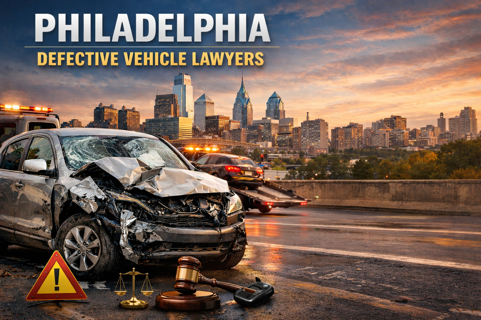 Damaged vehicle after crash in Philadelphia with skyline in background representing defective vehicle injury claims
