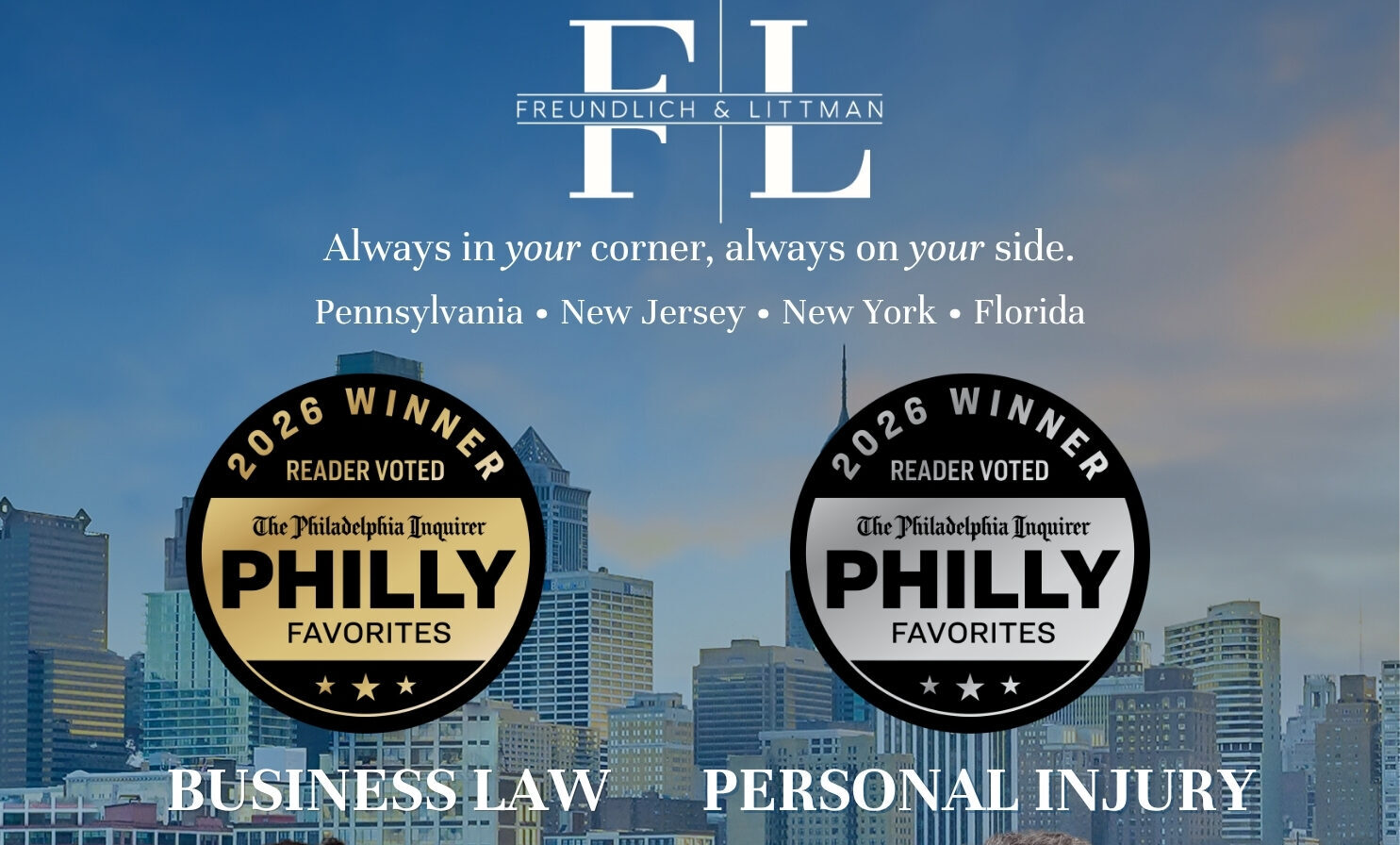 The Philadelphia Inquirer 2026 Philly Favorites winner badge for Freundlich and Littman LLC, celebrating the firm's Gold award in Business Law and Silver award in Personal Injury Law.